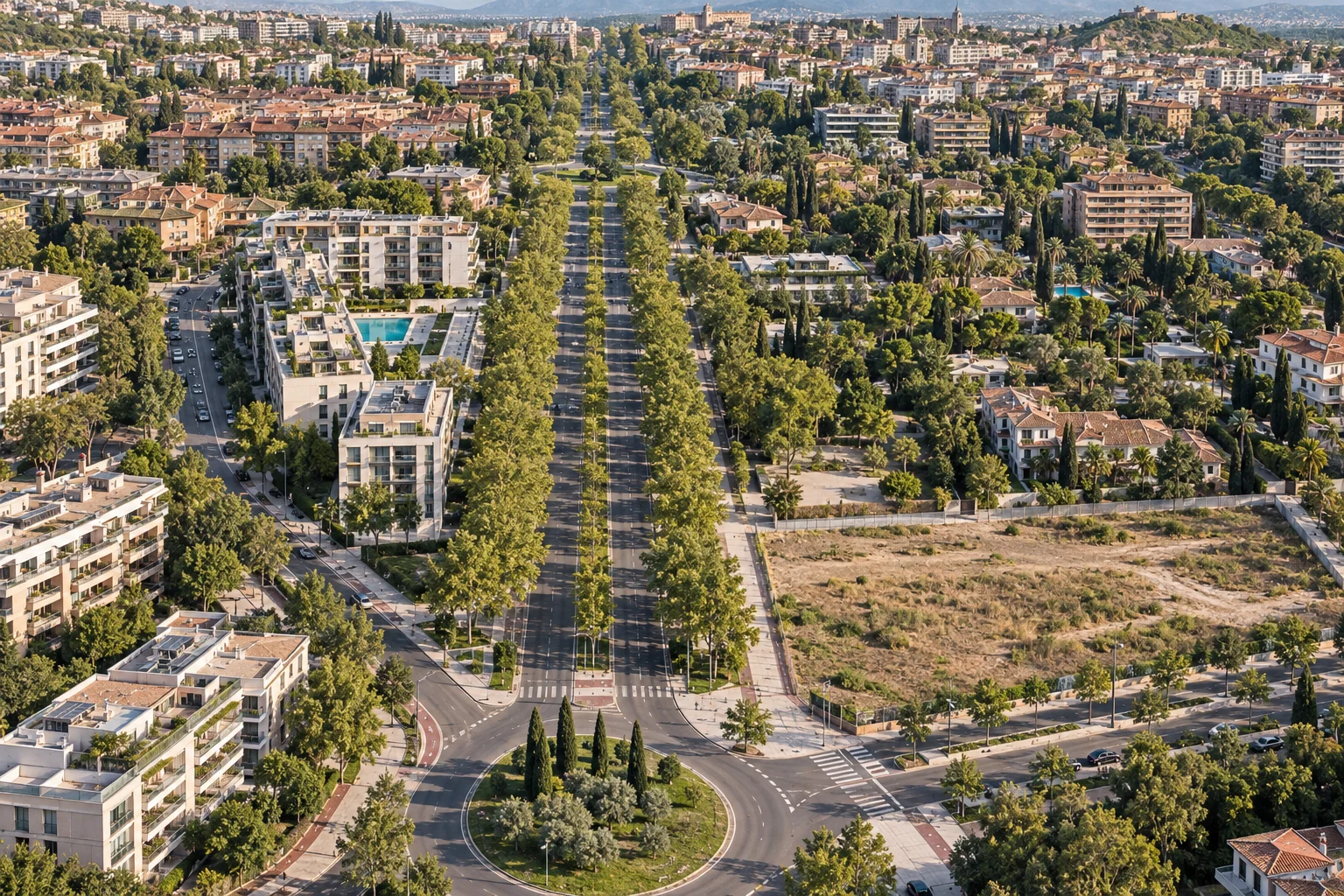 Vista aérea de un entorno urbano con suelo disponible para inversión